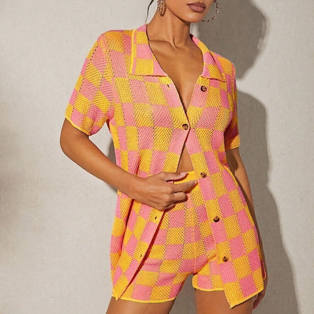 Multicolor Casual Women's Checker Knit Button Top & Shorts Set - Picture 2 of 5